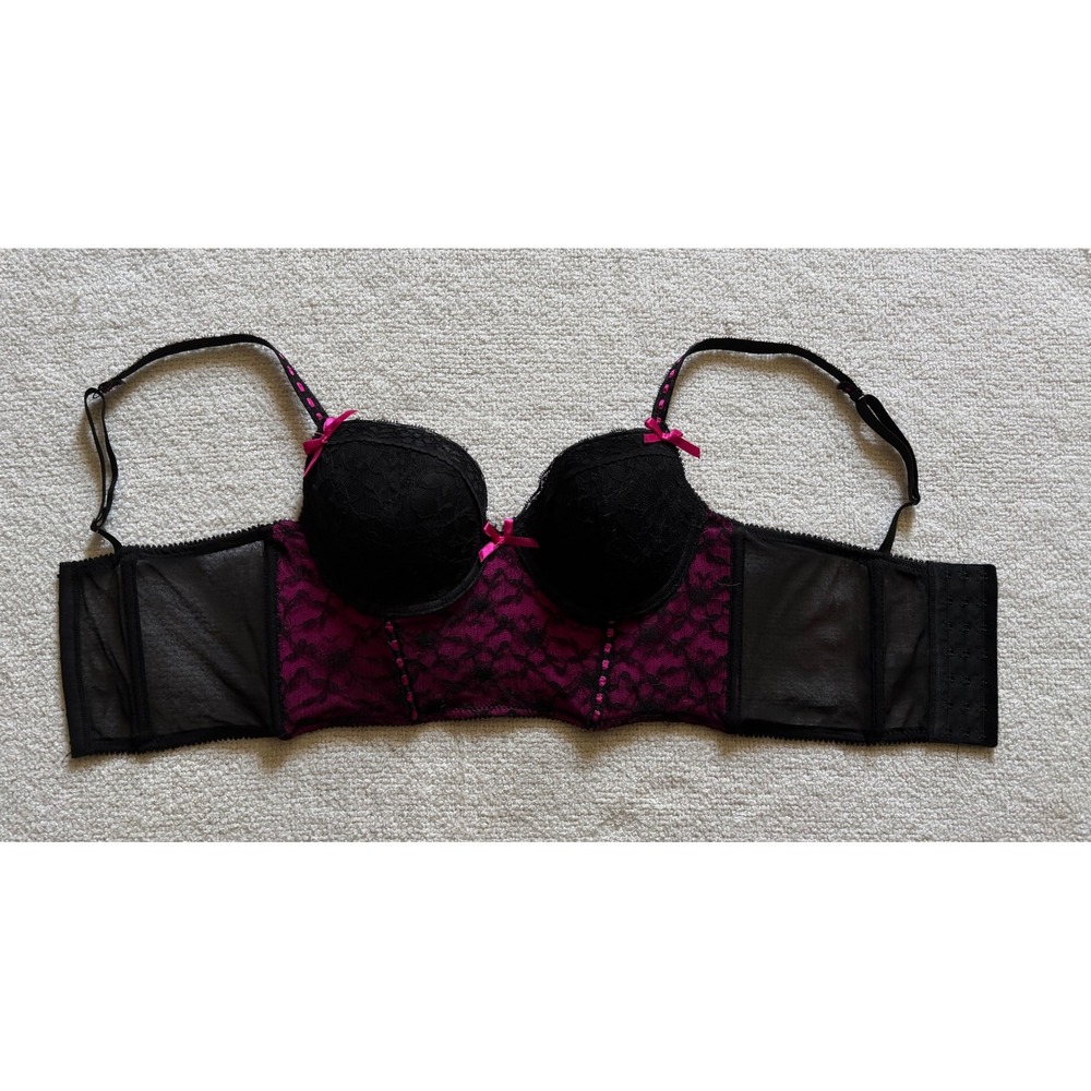 Charlotte Russe Black Pink Lace Longline Bra Underwire Padded 36C Bow Accent